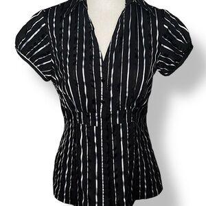 Scott Taylor Black & Pearl Stripe Fitted Top Stretch Cotton Y2K Cap Sleeves Sz S